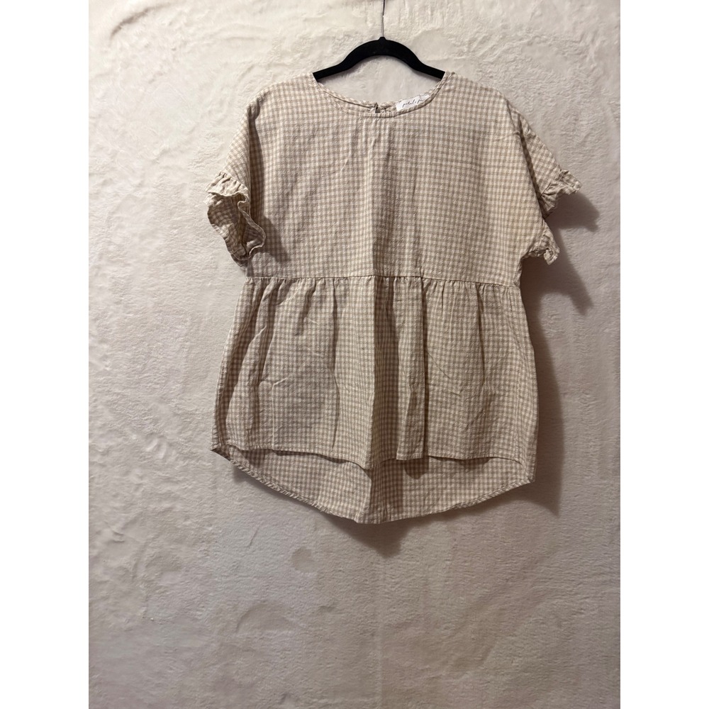 Petal + Pup Tan‎ Gingham Babydoll Top Ruffle Sleeve Cotton Blouse US 10